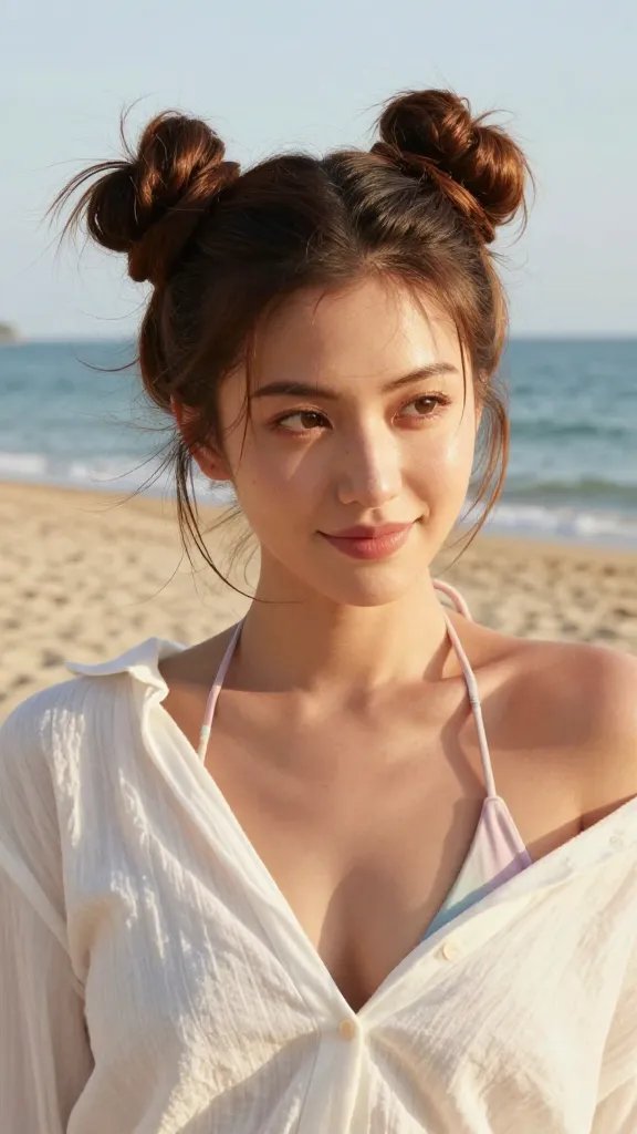 A high-resolution, realistic beach portrait of a stylish woman with twin mini space buns perched on each side of the crown, featuring beachy textured hair with natural waves and a relaxed, slightly tousled finish. She stands on a sunlit beach with soft, golden sand and a calm ocean in the background, wearing a light, flowy summer outfit (such as a white off-shoulder blouse or pastel bikini top) and subtle coastal makeup. Her two small buns are neatly formed, with a few loose strands framing her face for a relaxed edge. The scene conveys a playful yet practical vibe: hair lifted off the neck, minimal frizz, and a touch of mousse-enhanced grip visible through smooth texture. The lighting is warm, natural golden-hour glow, with soft shadows, and the overall mood is carefree, festival-ready, and perfect for a summer vacation setting. No text or logos in the image.