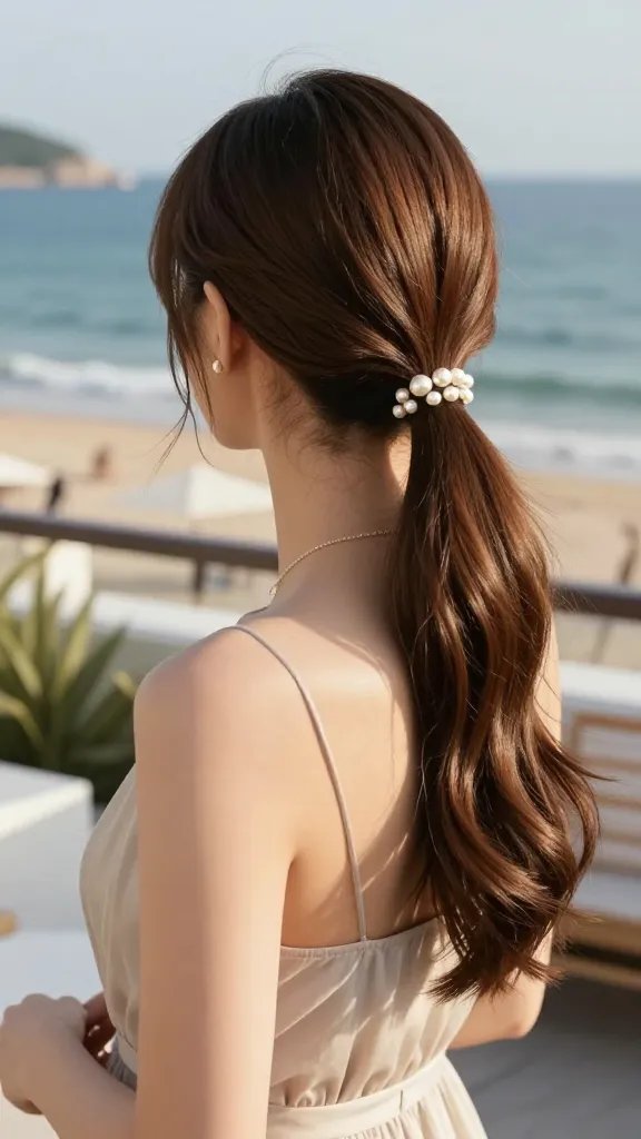 A high-resolution, natural-looking photograph of a stylish woman at a beachside event, showcasing a sleek, low ponytail at the nape of the neck adorned with delicate pearl accents along the base. The setting is a sunny rooftop terrace overlooking the ocean with gentle sea breeze; the model has smooth, glossy hair gathered into a polished low pony, small luminous pearls spaced evenly around the base to create a chic line. She wears an elegant, light, airy summer dress in soft, neutral tones and subtle jewelry. The lighting is bright yet warm, casting soft highlights on the hair to emphasize the pearls’ sheen, with a shallow depth of field that keeps the model in sharp focus while the blurred seaside background provides a refined, vacation-ready ambiance. No text or logos in the image.