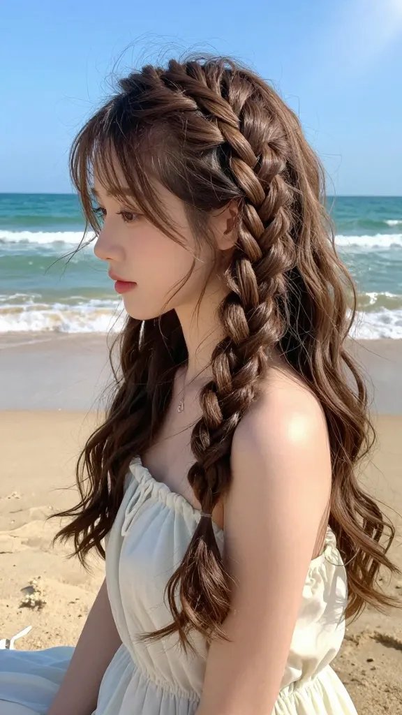 Create a high-resolution, realistic photo of a young woman on a sunny beach vacation, showcasing a delicate Braided Waterfall Weave hairstyle. The subject should be the main focus, facing slightly to the side with a soft, romantic vibe. The waterfall braid begins at the crown with a vertical French braid, incorporating small strands to create a cascading, airy pattern that reveals breathable, flowing hair. The braid should be secure with a clear elastic, with the ends tucked neatly. Light, natural makeup and loose, beachy waves at the rest of the hair enhance the effortless elegance. She wears a chic, summery outfit (such as a light sundress or off-shoulder top) in soft, pastel tones, and stands or sits on warm sand near the shoreline with gentle ocean waves in the background. Bright, sunlit scene with clear blue sky, vibrant but natural colors, and a subtle sun flare to emphasize a summer vacation vibe. No text in the image.