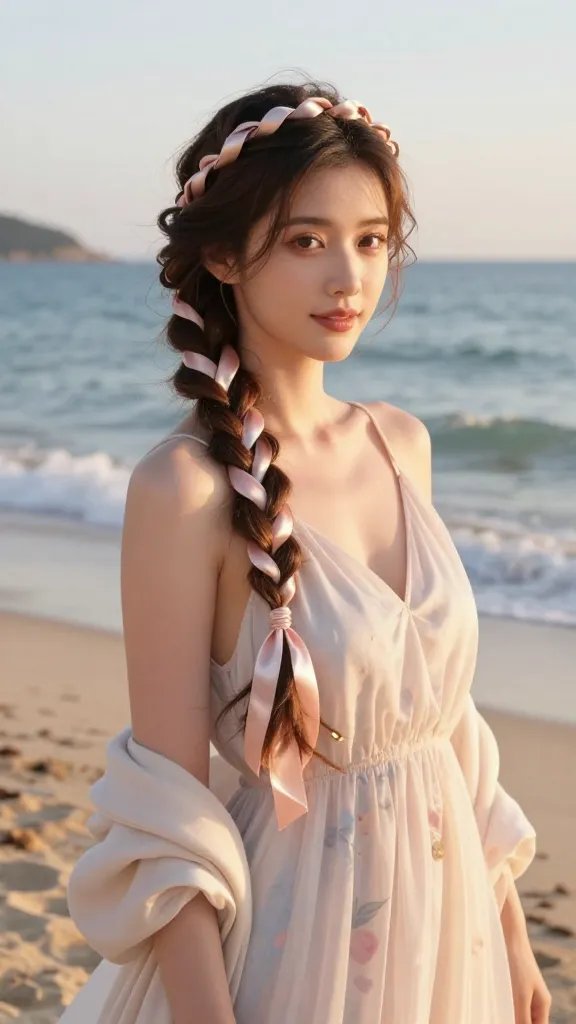 Create a high-resolution, realistic photo of a chic beach party scene at golden hour, featuring a fashionable woman as the main subject. She stands on soft sand with gentle waves in the background, wearing a flowing, light, pastel-colored sundress and a delicate halo braid that forms a crown around her head. The halo braid is woven with a satin ribbon matching the dress color, subtly visible through the braids and secured with discreet pins. The hairstyle should frame her face beautifully, with loose strands softly curling around the temples. The lighting is warm and sun-kissed, casting a soft glow on her skin and highlighting the satin ribbon’s sheen. She exudes a romantic, whimsical vibe suitable for a sunset ceremony or alfresco dinner, with a calm, confident expression and a hint of a smile. Include tasteful beach elements like a lightweight shawl draped over one shoulder and a few decorative, unobtrusive accessories. No text.