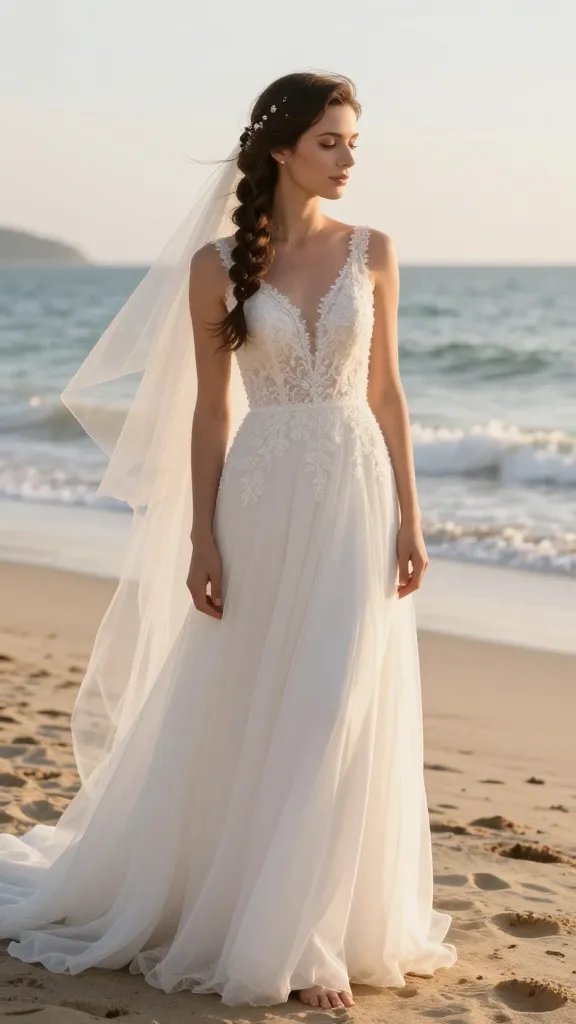 A realistic, high-resolution photograph of a bride at a sunlit beach, wearing an elegant wedding dress with soft, flowing fabric and delicate lace detailing. Her hair features a whispery waterfall braid with loose cascading strands that weave through the braid, accented with small crystal pins for a subtle sparkle. Loose tendrils frame her face, with the hairstyle arranged low and comfortably placed to stay wind-friendly. The sea breeze lightly tousles her veil and dress while she stands barefoot on the warm sand, with gentle waves in the background and a soft, ethereal glow from the sunset. The image should convey timeless elegance, serenity, and effortless beach beauty, with the main subject from the article title centered and in sharp focus, no text anywhere in the image.
