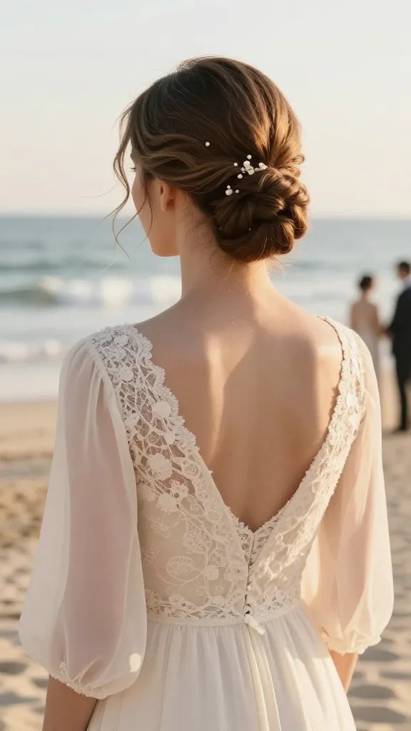 A high-quality, realism portrait of a bridesmaid at a beach wedding, centered in the frame, wearing an elegant light, flowing bridesmaid dress in soft ivory with delicate lace details. The hair is styled in a classic low chignon at the nape with a subtle twisted ripple for a polished silhouette, pinned securely with a tiny pearl accent and a delicate, nearly invisible floral accent. The bun sits at the nape of the neck, creating a flattering line along the shoulders, with a few soft tendrils framing the face. The mood is timeless and sophisticated, captured in warm golden hour light with gentle sea breeze texture in the hair. The background shows a tranquil beach setting with soft waves, neutral tones, and distant silhouettes of other wedding guests, ensuring the main subject is clearly the focal point. The image should convey elegance, subtle humidity resistance in the hair, and a pristine, couture vibe without any text or overlays.