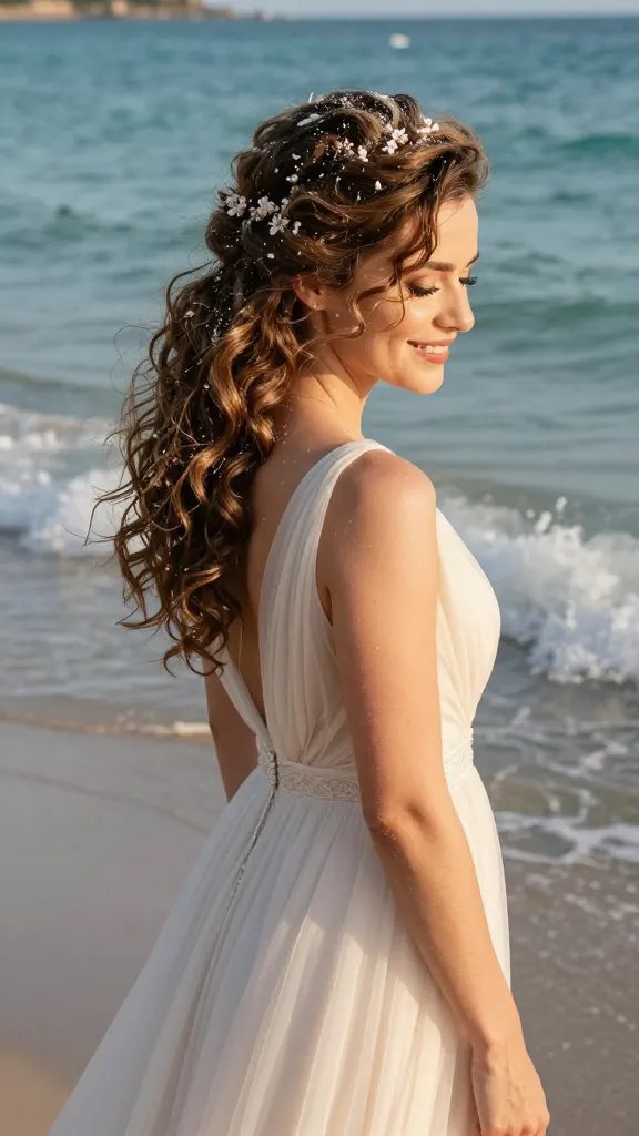 A glamorous close-up photo of a bride on a sunny beach, styled in a romantic half-up half-down look with soft beachy curls. The main subject, a smiling bride in a flowing light pastel wedding dress, stands barefoot in the shallow turquoise water with gentle waves behind her. Her hair is textured with sea salt spray, featuring defined, loose curls pinned back into a soft half-up style, secured with a delicate decorative clip and small fresh blossoms. Face-framing pieces are left loose to create a carefree vibe, and a few petals lightly dot the breeze. The scene is warm and luminous, capturing golden hour glow, subtle sea breeze, and natural beach ambiance. High-resolution, ultra-realistic photography with shallow depth of field to softly blur the background while keeping the bride and hair styling razor-sharp. No text on the image.