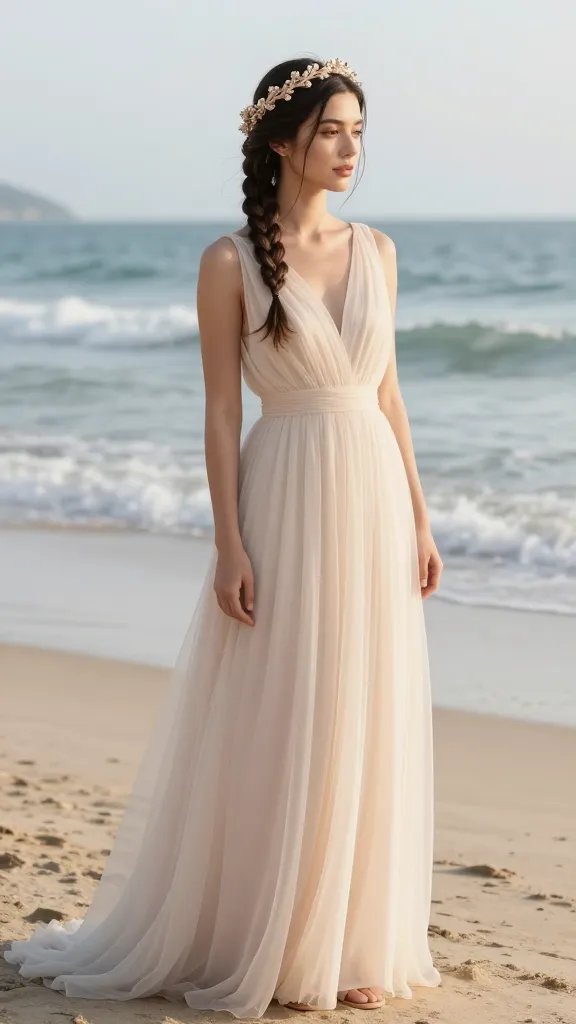 A high-resolution, ultra-realistic photo of a beach wedding bridesmaid with a delicate braided crown woven along the top of her head, the crown catching the soft sunlight as gentle waves roll in the background. The subject stands along a sandy shoreline in a flowing, ethereal gown in pale champagne or blush tones, barefoot or with delicate sandals, her makeup soft and natural to enhance a regal yet approachable look. The braid is tight and secure, creating a princess-like finish, with a few loose wisps of hair framing her face. The scene includes subtle sea breeze movement, a serene sky, and the overall mood is timeless, elegant, and effortlessly chic, with the main subject clearly in focus and the beach setting gently blurred to emphasize the hairstyle. No text on image.