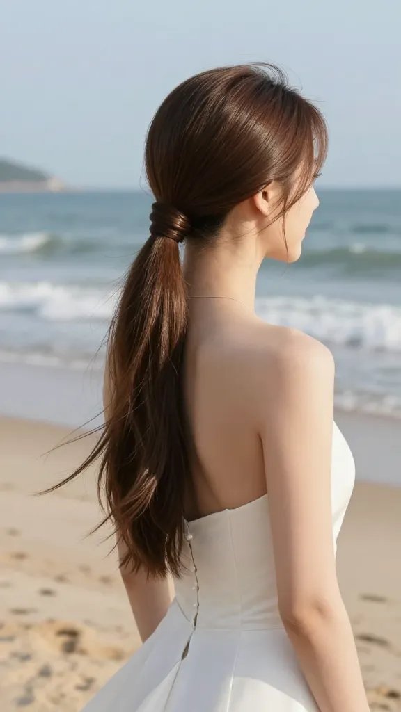 A dreamily lit beach scene showing a single bride in a timeless, sleek ponytail hairstyle. The bride stands on soft, golden sand with gentle ocean waves in the background and a pale blue sky above. Her hair is gathered into a polished high ponytail with a small section wrapped around the base to conceal the elastic, creating a seamless, elegant line. Hair has a glassy, reflected shine as if captured with a professional camera flash, with smooth, straight strands flowing from the wrapped base and a few soft, face-framing wisps. The ponytail sits at a height that looks chic yet comfortable for movement, allowing natural posing and subtle sway in a light sea breeze. She wears a minimalist wedding dress with clean lines and delicate details, minimal jewelry, and a serene, confident expression. The overall tone is timeless and refined, with natural makeup and soft, glowing skin. The composition is a high-resolution, realism-forward portrait that emphasizes the hairstyle as the focal point while including a resolved, cinematic beach setting.