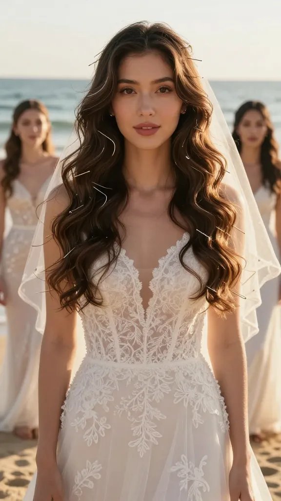 A close-up, ultra-realistic bridal portrait of a bride and her bridesmaids standing on a sunlit beach, featuring 6. Water-Inspired Waves With Hidden Pins: loose, glossy sea-like waves framing the bride&rsquo;s face and cascading softly over shoulders, with discreet, color-matched bobby pins hidden within the waves to maintain a natural look; the waves have a gentle, flexible hold, subtle shine, and a light hold finishing spray visible as a faint haze in the breeze. The main subject is the bride from the article title, centered in the frame, wearing a delicate, elegant wedding dress with soft lace details and a veil catching a light sea breeze; natural makeup emphasizing luminous skin and soft pink lips, barefoot or in simple sandals on warm sand, with a blurred backdrop of a serene beach and calm ocean. The lighting is golden hour, creating a flattering glow and subtle reflections on the glossy waves, capturing a timeless, effortless elegance without stiffness.