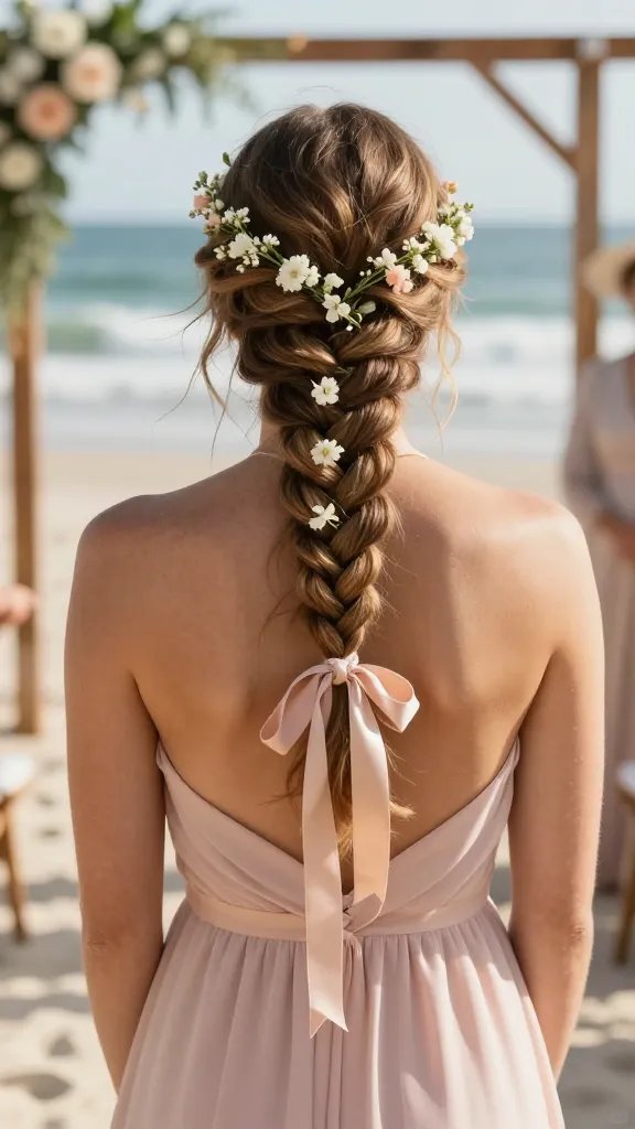 Create a high-resolution, realistic photo of a bridesmaid with a boho side braid, captured outdoors on a sunny beach ceremony. The main subject is a smiling bridesmaid with a loose, romantic side braid that drapes over one shoulder. The braid is tied with a satin ribbon that matches the color of her pastel bridesmaid dress, leaving the ribbon ends to softly frame her chest. Keep the braid intentionally loose to preserve volume and a natural, carefree look. Adorn the braid and surrounding hairline with tiny white and pale pink coastal flowers for a beachy, whimsical vibe. The background should show soft ocean waves, light sand, and a gently blurred outdoor ceremony setup with natural wooden accents, greenery, and light floral arrangements. Ensure the overall mood is warm, timeless, and elegant, suitable for a bohemian beach wedding. No text or watermark on the image.