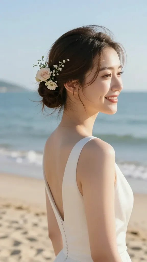 A high-quality, realistic wedding portrait of a smiling bride from the waist up on a sunlit beach, wearing a timeless elegant bun adorned with small, fresh blooms. The bun should sit slightly off-center, with delicate spray roses and other tiny blooms tucked evenly around the base for balance. The bride's hair is softly swept back, and the floral accents glow in warm coastal light, catching subtle highlights in the sea breeze. She wears a simple, refined beach wedding dress with clean lines, and the background features a calm sea, pale sand, and a clear blue sky. The overall mood is timeless, photogenic, and effortlessly chic, with no visible text or branding. Emphasize natural textures of hair, delicate flower petals, and the sunlit glow on the bride&rsquo;s skin.