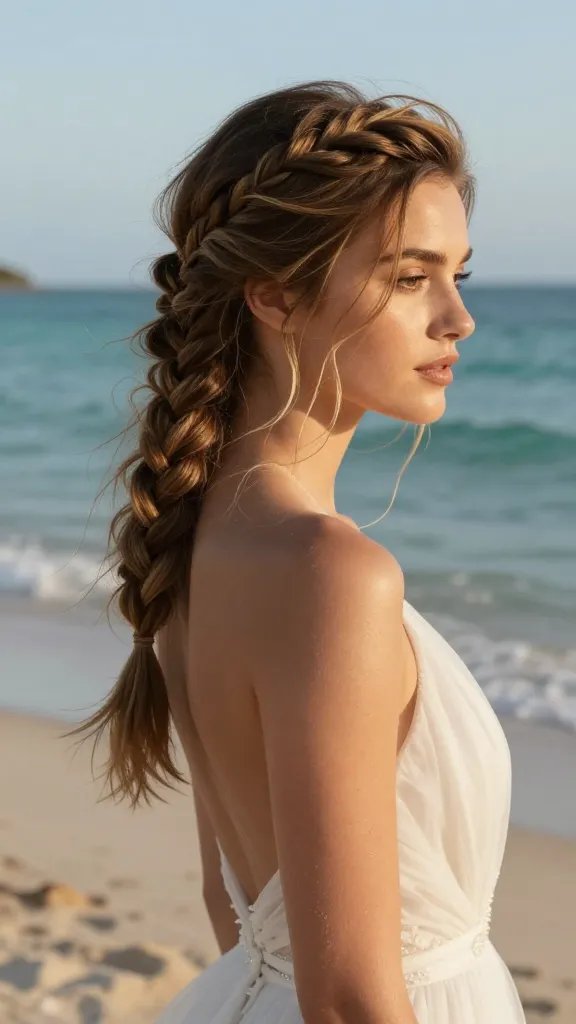 A close-up, ultra-high-definition photograph of a bridal model on a sandy beach at golden hour, showcasing a dramatic mermaid braid that weaves through the crown with loose, cascading ends. The hairstyle features quick layering to add dimension, with several strands softly falling around the face to soften the edge. The model wears natural, sun-kissed makeup to evoke a coastal goddess vibe, and a flowing, lightweight wedding dress that catches the breeze. The background shows calm turquoise waves and a pale blue sky, with the focus sharp on the intricate braid, crown area, and delicate textures of the hair, skin, and fabric, conveying a timeless, elegant silhouette suitable for a beach wedding. No text on the image.