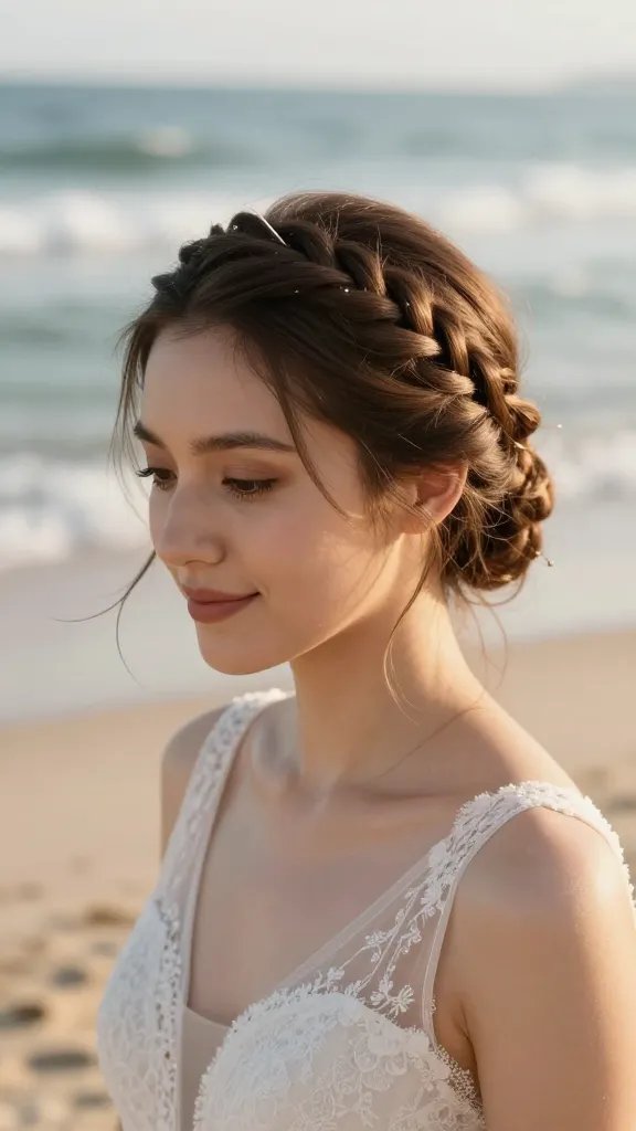 Create a realistic, high-resolution photo of a bride or bridesmaid at a beach wedding wearing an elegant halo braid. The halo braid sits just above the crown, with subtle sparkle woven into the plait for a celestial yet natural look. The subject has soft, flowing hair with a few delicate flyaways controlled by light-hold gel, and a few small pins tucked discreetly inside the braid for hidden support. The scene captures a breezy seaside setting with warm, golden hour lighting, gentle waves in the background, and a relaxed, regal yet comfortable vibe. The subject wears a light, airy wedding dress with lace details, minimal jewelry, and a serene, slightly smiling expression. The composition emphasizes the halo braid as the focal point, with natural makeup, dewy skin, and the overall aesthetic of timeless beach elegance. No text in the image.