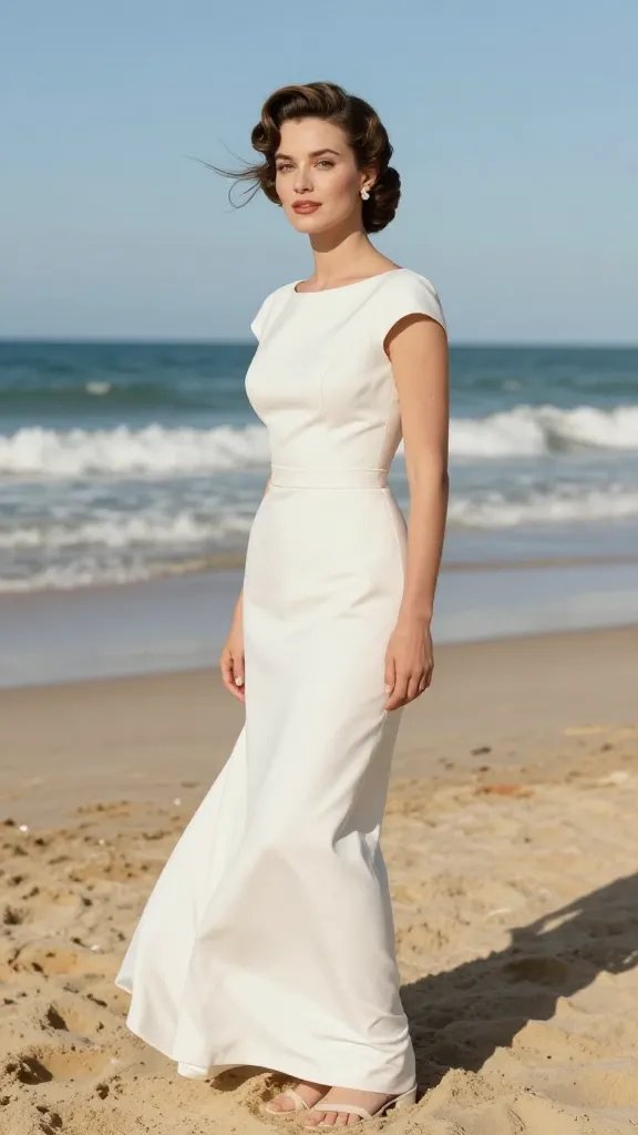 A high-resolution, cinematic portrait of a radiant bride on a sunlit beach, wearing a vintage rolled updo inspired by old Hollywood but finished with a modern, polished touch. The hairstyle features a rolled, sculpted bun at the back with a soft side part and a delicate pearl pin at the base, catching the light with subtle shimmer. The bride&rsquo;s makeup is timeless yet fresh, with natural tones, glowing skin, and a gentle pink lip, complementing the airy, wind-swept waves around the face. She wears a chic, elegant wedding dress with clean lines and minimal embellishment, standing barefoot or in simple, elegant sandals on warm, golden sand, gentle ocean waves in the background under a clear blue sky. The overall mood is sophisticated, romantic, and effortlessly chic, translating classic glamour into a contemporary beach wedding vibe. No text overlays.