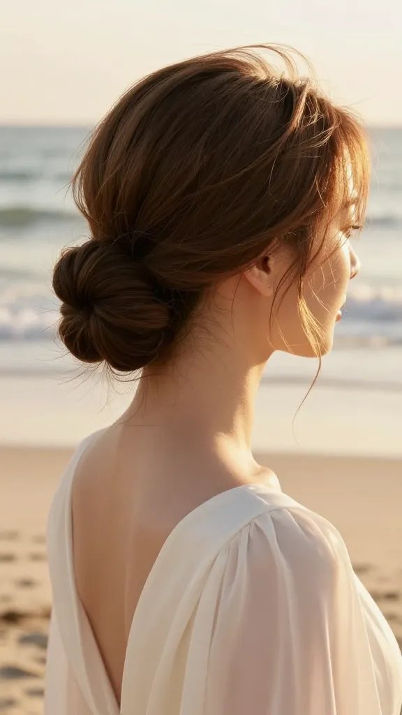 A close-up, high-resolution photo of a bride at the beach in golden hour light, wearing a flowy ivory wedding dress, styled in a polished low knot bun with feathered texture. The bun sits low at the nape of the neck with subtle backcombed volume at the crown for height, and the ends softly finger-combed for gentle, feathered lines. The look is sculpted yet approachable, exuding a high-fashion, timeless vibe while remaining beach-appropriate. Include natural, wispy beachy hair framing the face, minimal makeup with warm undertones, and soft, diffuse sunlight reflecting off the hair and skin. The background features a serene shoreline with soft waves and pale sand, creating a dreamy, elegant atmosphere without any text.