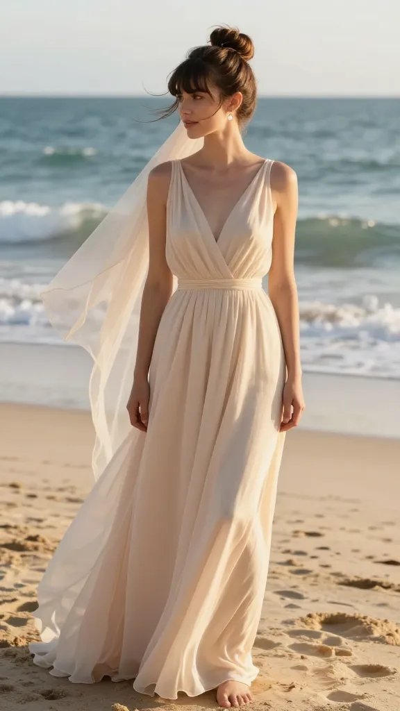 A radiant bridesmaid at a sunlit beach, wearing a flowing, light fabric gown in soft champagne tones. Her hair is styled in a carefree high topknot with a smooth, side-swept fringe framing one side of her face, giving a modern yet timeless look. The wind gently tousles loose strands, and the topknot sits securely yet casually on top of her head. She accessorizes with a single delicate drop earring that catches the sunlight, adding understated elegance. She stands barefoot on warm sand with the surf softly in the background, the sea breeze lightly lifting the edges of her veil, and a soft, golden hour glow enhances her relaxed, effortlessly chic pose. The overall composition is crisp, high-resolution, and natural, with vibrant colors, realistic textures, and no text on the image.