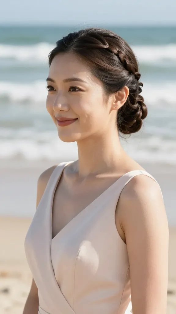 A realistic, high-quality wedding-appropriate portrait of a joyful bridesmaid with a simple tucked pony hairstyle featuring mini braids. The hair is pulled into a sleek, low ponytail with small, delicate braids integrated at the crown and along the nape for texture and subtle intrigue. The subject stands outdoors on a sunlit beach with soft waves in the background, wearing a light, elegant bridesmaid dress in a soft pastel shade. The look is polished with a light, dewy finish on the skin and a gentle gloss on the hair to convey hydration. The composition should capture the timeless, effortless vibe of a beach wedding, with natural lighting, shallow depth of field, and realistic facial expression. No text on the image.