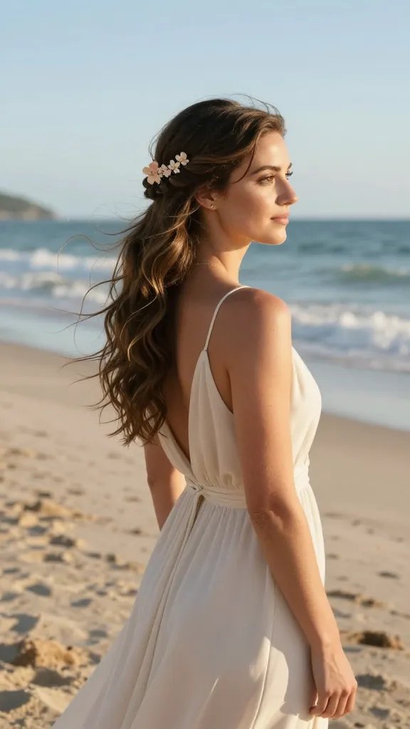 A high-resolution, cinematic photograph of a single bridesmaid with a half-up twist hairstyle, featuring delicate floral pins woven into the twisted sections. The look is sculpted yet relaxed, with soft beachy waves cascading below the shoulders, and the pins gleaming in pale pastel flowers to add subtle, elegant detail. The setting is a sunlit coastal beach at golden hour, with gentle sea breeze lifting the hair slightly to imply movement. The subject wears a light, flowing bridesmaid dress in ivory or champagne tones, minimal jewelry, and a content, serene expression as she stands barefoot on warm sand with the ocean and a clear blue sky in the background. The image should convey timeless sophistication, effortless beach readiness, and a sense of calm confidence suitable for a bridal party. no text on image.