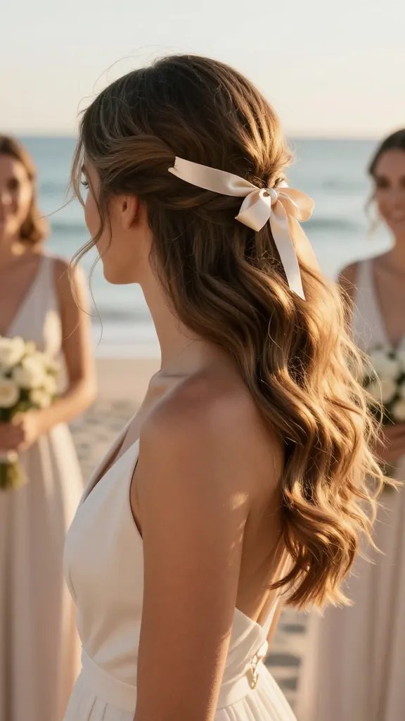A high-resolution, realistic photograph of a glamorous bridal party setting by the shoreline, featuring a close-up on a single bridesmaid with a dramatic side-swept hairstyle adorned with a slim satin ribbon belt along the hairline. The ribbon should be soft and satin, no snagging, with discreet pins to keep it flat and secure. The hair should cascade elegantly to one side in a voluminous but polished sweep, framing the face and neck. The scene conveys sunlit coastal ambiance, warm golden hour lighting, gentle breeze ruffling a few loose strands, and subtle dancing motion in the background. The bridesmaid wears a timeless, soft, pale gown with delicate fabrics, and there are hints of other wedding elements in soft-focus&mdash;floral accents, light, airy decor, and a calm, joyful mood. No text on the image.
