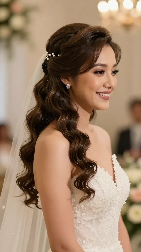 A breathtaking, high-resolution bridal portrait of a smiling bride with romance-rich half-up curls, set in a softly lit, elegant ceremony venue. The hairstyle features defined curls with a gentle soft twist, a low-to-medium volume crown, and subtle pearl hairpins securing a delicate half-up section while the rest of the curls cascade naturally. The look emphasizes natural texture and bounce with a lightweight shine, minimal flyaways tamed by a touch of gel or cream, and a graceful veil gracefully integrated into the half-up style. The bride wears understated, sparkling earrings and a classic, ivory wedding gown with lace detailing, standing against a softly blurred background of warm bokeh lights and floral decor to convey timeless romance. The image should be hyper-realistic, with meticulous attention to hair texture, skin tone, makeup that enhances natural features, and the overall composition capturing an intimate, couture wedding moment. No text on the image.