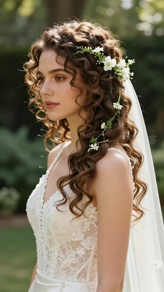 A high-resolution, photorealistic studio-coated image of a radiant bride with a boho side-swept curly hairstyle, photographed outdoors in soft, natural light. The bride stands at a slight angle, facing left, with luxurious, loose waves swept to one shoulder and adorned with delicate white florals and slender greenery woven into the curls. The floral accents are small blooms and wisps of greenery, secured with discreet bobby pins, giving a whimsical, romantic silhouette without looking overdone. The hairstyle maintains visible movement and volume, with a touch of humidity in the air suggested by gentle, natural curls and a light veil draped to the back, barely touching the curls. The background features a sun-dappled garden or lush outdoor ceremony setting, softly blurred to keep focus on the bride&rsquo;s face and hairstyle, ensuring a red-carpet, photography-perfect vibe. The bride wears a lace or satin wedding dress with elegant neckline, minimal jewelry, and a serene, confident expression, with warm, natural skin tones and crisp, cinematic detail. No text on the image.