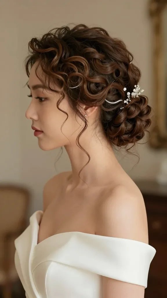 A high-resolution, photorealistic bridal portrait featuring a bride with natural, voluminous curls styled into a classic updo. The updo should appear polished and modern with sculpted twists and a soft, sculptural vibe, elongating the neck and highlighting facial features. The hairstyle includes a base of pin curls, clear elastics concealed by a few loose curls twisted around the base for a seamless finish. Adornments include a decorative comb or small crystal pins placed subtly to enhance the elegant look. The scene is a softly lit, warm-toned wedding setting with neutral, timeless background elements; the bride wears a refined, off-the-shoulder wedding gown to accentuate neckline and hair. No text on the image. The overall mood is sophisticated, timeless, and romantic, with natural skin tones and delicate makeup.