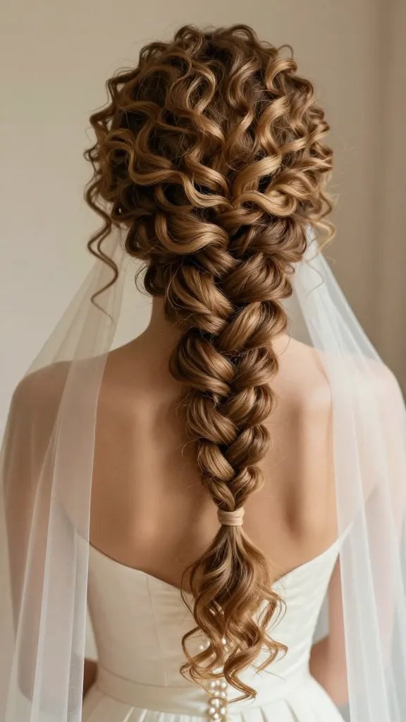 A high-resolution, photorealistic bridal portrait featuring a bride with natural, voluminous curly hair styled into an elevated rope braid that gracefully winds from the crown down to the back of the head, with curly ends softly cascading around the nape. The hairstyle should look intricate yet comfortable, with the braid slightly loose at the start and a gentle tug at the ends to create a romantic, tousled finish. The bride wears a timeless wedding gown in ivory or champagne, and a cathedral or medium veil is positioned behind her, complementing the braided style. The setting is softly lit to emphasize texture and shine in the curls, with a neutral, elegant backdrop. The overall mood is sophisticated, warm, and bridal, capturing a realistic, magazine-quality image of the main subject from the article title. No text on the image.