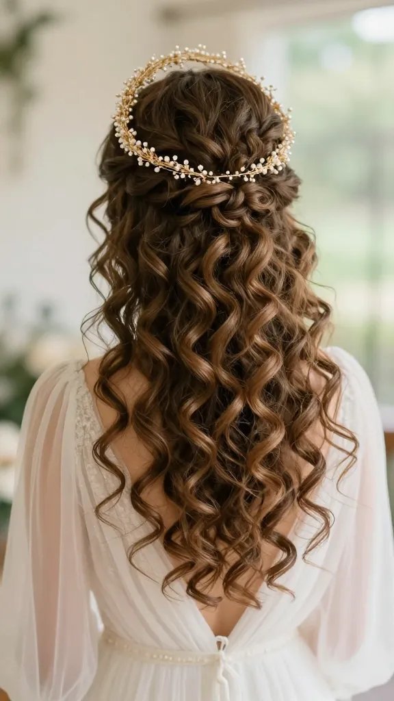 Create a hyper-realistic, high-resolution wedding portrait of a bride with a natural curly hairstyle featuring a crown-circlet halo. The main subject should be the bride, centered in a softly lit, ethereal indoor or garden wedding setting. She wears a light, flowing wedding gown with a partial updo: curls cascade down from a delicate, thin gold or pearl circlet that sits like a halo around the crown, creating a fairy-tale silhouette. The crown-circlet should be subtle and sparkle softly, catching the light without overpowering her natural texture. The hairstyle should lift softly at the crown to avoid weighing down the hair, with curls framing and lightly cascading over the shoulders. The veil band or headpiece sits behind the circlet, unobtrusive. The overall look is effortless, romantic, and ethereal, suitable for photos during dancing and candid moments. Soft, natural makeup and warm, flattering lighting to enhance the curls&rsquo; definition and the circlet&rsquo;s shimmer. No text on the image.