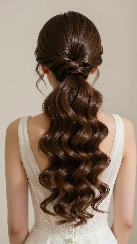 Generate a hyper-realistic, high-resolution portrait-style image of a bride showcasing the "Romantic Slicked-Back Swirl" hairstyle. The main subject should be a radiant bride with a modern, glossy updo: a smooth, sleek crown with soft, loose curls cascading at the ends, no visible gel or heavy product, natural shine, and a pristine finish. The setting is an elegant wedding scene with a minimalist backdrop to emphasize the hairstyle and facial features. The bride wears a backless or illusion neckline wedding dress to create an uninterrupted backdrop for the hairstyle. The lighting is soft and flattering, highlighting the crown&rsquo;s smoothness and the curl texture, with a subtle bokeh in the background. No text or logos in the image.