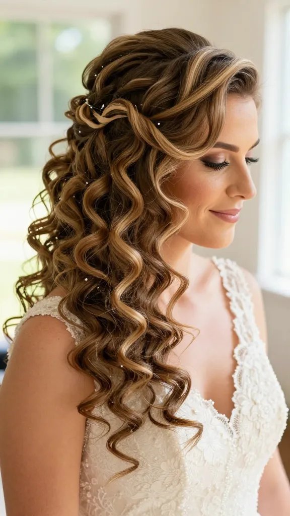 A high-resolution, realistic wedding portrait of a bride with a waterfall twist hairstyle featuring curly accents. The bride's curls cascade in a graceful waterfall over the crown, with a delicate twist resembling a ribbon across the head, softly pinned with hidden pins within the curls. Small crystal accents sparkle subtly along the twist and in the curls, catching natural light. The setting is a sunlit venue with abundant natural light that enhances the shimmer, creating gentle highlights and motion in the hair. The bride wears a classic ivory wedding dress with delicate lace, a soft smile, and a timeless, elegant pose. No text on the image.