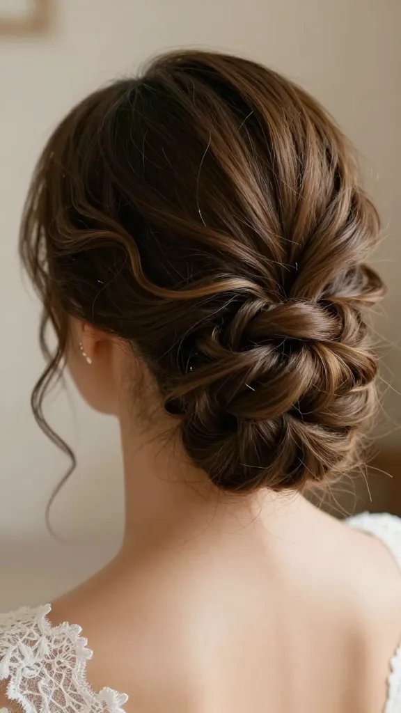 A high-resolution, cinematic close-up of a bride with a sophisticated low bun, anchored by several curling tendrils peeking out to create a romantic, lived-in look. The bun sits at the nape of the neck with soft, face-framing curls left loose around the temples and jawline. The hairstyle should appear sturdy for a long ceremony yet flexible enough to transition into a lively reception, with subtle hidden pins indicated by seamless, invisible holds. The bride&rsquo;s makeup is natural and luminous, and she wears a delicate lace bouquet or veil slightly blurred in the background to emphasize the hair. Soft, warm lighting highlights the texture of the hair and the gentle shine of the curls, capturing a realistic, high-quality wedding portrait with no text.