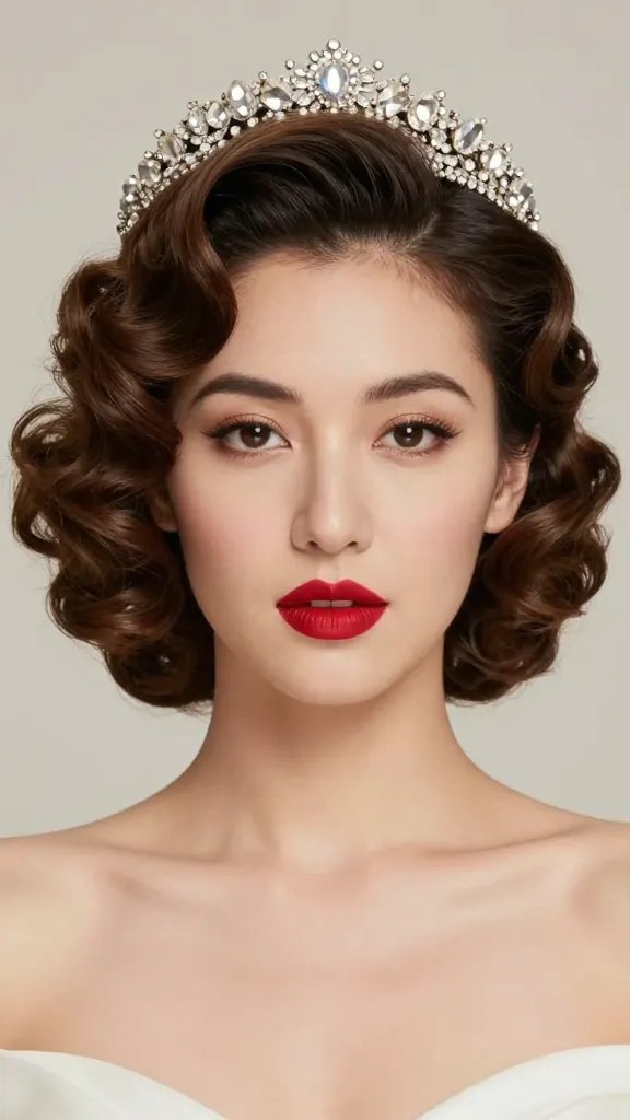 A high-definition, studio-style portrait of a bride with natural curly hair styled in vintage glam pinned curls. The hair features soft pin curls along the sides with defined ringlets tucked neatly into a chic pin-set, creating Old Hollywood waves with modern texture. The bride wears a statement headband encrusted with crystals or a jeweled comb at the crown, adding a touch of timeless glamour. Her makeup highlights bold lipstick in a vibrant red or deep berry shade, with classic winged liner and soft, luminous skin. The look exudes timeless elegance with a playful nod to modern curl texture, captured in a crisp, flattering lighting setup that emphasizes the shine and definition of the curls. The background is neutral and unobtrusive to keep the focus on the bride&rsquo;s face and hairstyle, and the overall image conveys a ceremony-ready vibe, suitable for bold photos. No text on the image.