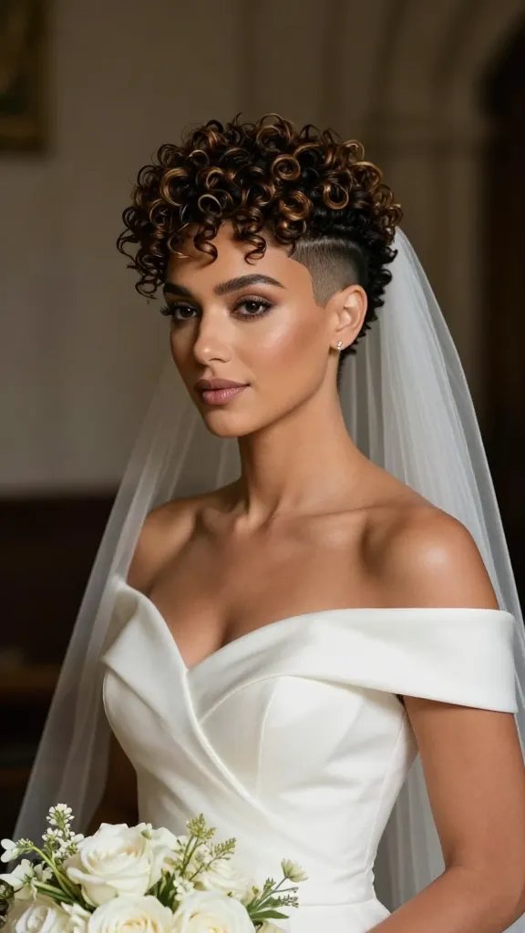 A high-resolution, naturalistic wedding portrait of a bride with a curly fade hairstyle: sides trimmed shorter with a clean fade, voluminous curls on top, softly defined and bouncy, wearing a cathedral-length veil anchored behind the crown for a discreet reveal. The veil peeks subtly as the bouquet is held at waist level, with a light-hold hairspray look keeping the top fluffy yet non-sticky. The bride stands in dramatic, moody cathedral lighting that highlights the contrast between the tightly faded sides and the lush curl crown, with the veil gently cascading behind her back. She wears an elegant, off-shoulder wedding gown, minimal jewelry, and a serene, confident expression. The background is softly blurred to maintain focus on the hairstyle and veil interaction, capturing a timeless, magazine-quality bridal portrait.