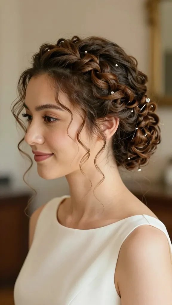 A high-resolution, photo-realistic portrait of a bride with natural, glossy curls styled into the "Wrapped Twist Updo." Twists wrap around the crown and meet at the back, revealing an intricate tapestry of curls at the nape and sides. The look features strategic twist placements to subtly frame the face, with delicate decorative pins at the twists and a few stylish pins with metallic or crystal tops. The finish is lightweight and nons rigid, using a subtle finishing spray for gentle hold. The bride wears a classic ivory wedding dress with a clean neckline, soft natural makeup emphasizing her eyes, and a calm, joyful expression as soft, natural light highlights the texture and shine of the curls. The background is softly blurred to keep the focus on the hairstyle and the bride, with a timeless, elegant wedding setting. No text on the image.