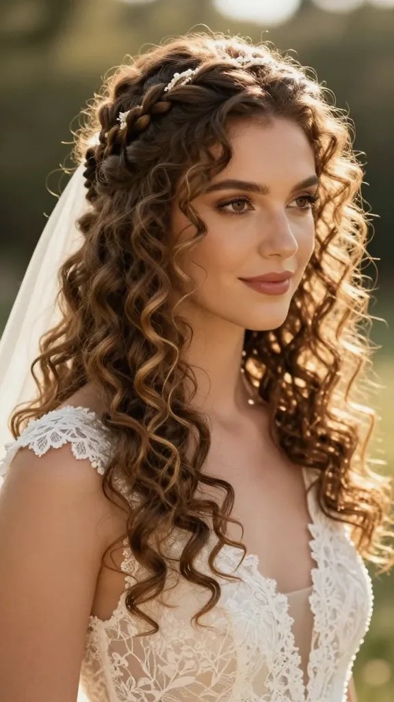 Create a high-resolution, hyper-realistic wedding portrait of a bride with natural curly hair, featuring a delicate braid across the crown like a vintage headband. The braid should wrap gently from temple to temple, sitting atop the curls, with the rest of the natural curls cascading around it in soft, beachy waves. The veil attaches beneath the braid for a seamless look, allowing a subtle soft shine cream to impart gentle definition and a touch of sheen to the curls without making them stiff. The setting is a sunlit boho-lair outdoor wedding, with lace or boho-inspired details visible on the bride&rsquo;s dress to harmonize with the hairstyle. The lighting is warm golden hour, highlighting the texture and volume of the curls, the vintage braid, and the veil integration, with the bride looking serenely confident, slight smile, and natural makeup that enhances her features. No text on the image.