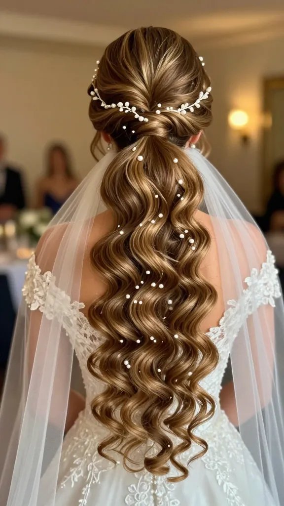 A high-quality, realistic photograph of a bride with a formal, princess-like high ponytail featuring bouncy, voluminous curls cascading down, accented with delicate pearl pins along the base and a subtle pearl hair vine woven into the ponytail. The ponytail sits high on the crown with softly brushed curls for extra volume, creating a playful yet elegant look. The bride wears a classic wedding gown with delicate lace details and a soft, romantic veil that lightly frames her face. Lighting is warm and flattering, resembling golden hour indoors with a hint of ambient reception glow in the background. Ensure theHair is secured with a non-slip tie, and the pearls catch gentle reflections for a luxe, refined finish. No text on the image. The main subject should embody confidence and celebratory bridal mood, ready for a music-filled reception.