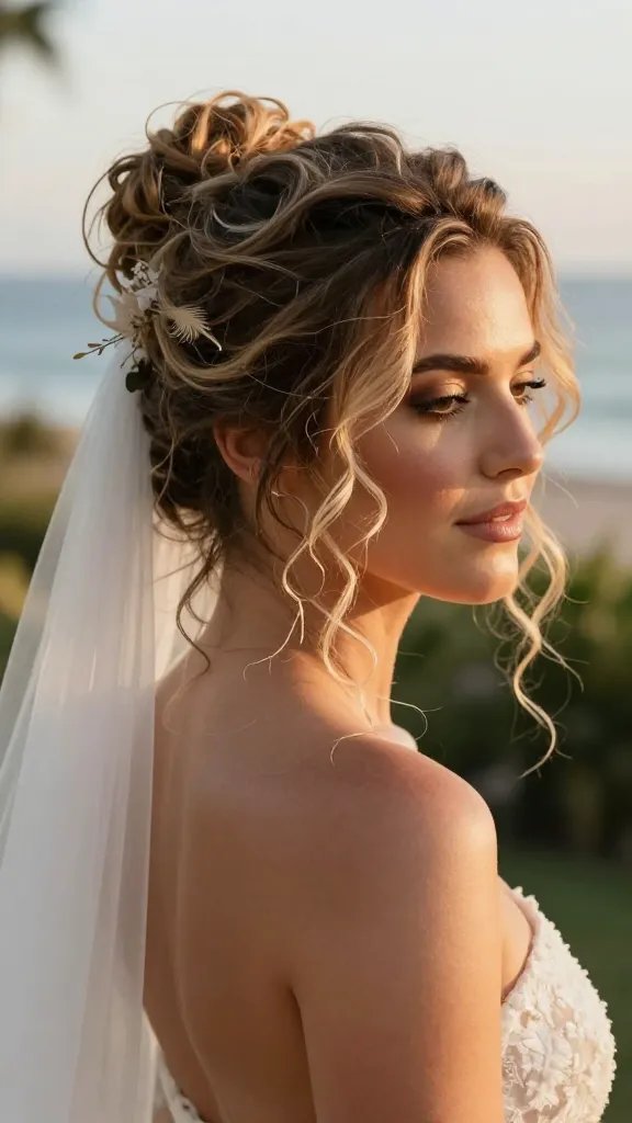 A high-resolution, photorealistic close-up of a bride with soft bohemian hair: a relaxed, textured bun at the back with feathered curls spilling gently around the face, curls peeking through the bun for a dreamy finish. The bride&rsquo;s makeup is natural and radiant, with a soft blush and bronzed glow, and she wears a delicate, elegant veil that drapes gracefully from the bun. Subtle floral or feather accents are woven into the hairstyle to match a boho-chic wedding theme. The background is softly blurred of a beachy garden setting during golden hour, with warm, ambient light enhancing the movement of the hair and conveying a timeless, versatile look suitable for ceremony and dance floor. No text on the image.