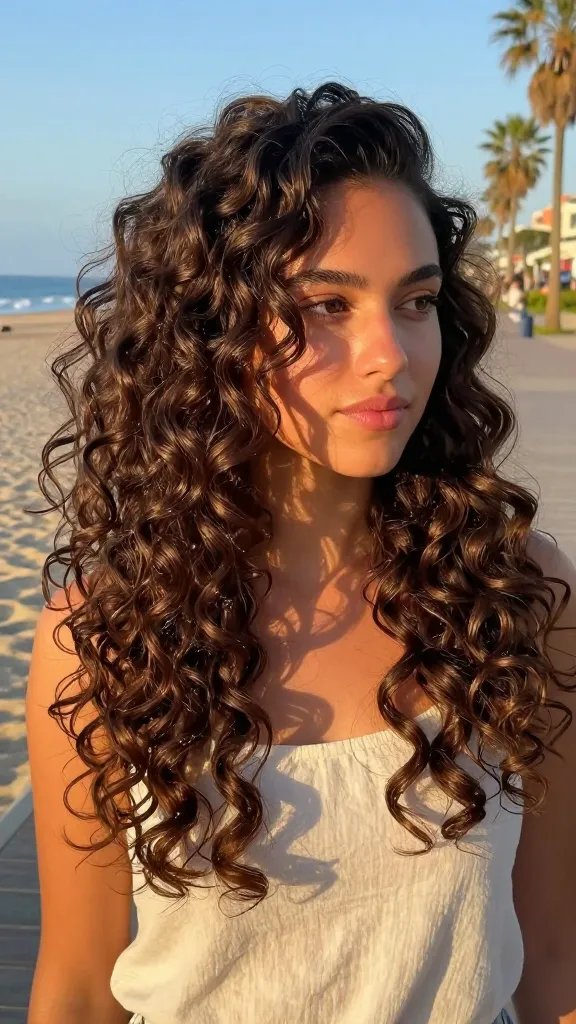A realistic, high-quality photograph of a young woman with a sun-kissed, beachy vibe standing near a seaside boardwalk at golden hour. She has voluminous, soft curls cascading to her shoulders and a sleek half-up twist at the crown, secured loosely to reveal the natural texture without appearing pinched. The upper section has a subtle twist that adds height and dimension, while the lower section features defined, bouncy waves with soft ends. The lighting should highlight the glossy shine of the curls and the subtle salt-spray texture, with a warm glow on her skin and a slight breeze creating natural movement in the hair. She wears a light, breezy summer top in neutral tones, and the background includes blurred ocean, sand, and palm silhouettes to evoke a vacation vibe even in an urban setting. The overall composition emphasizes a balanced mix of voluminous top and controlled waves below, with minimal heat impression and a sun-kissed, effortless look. No text in the image.