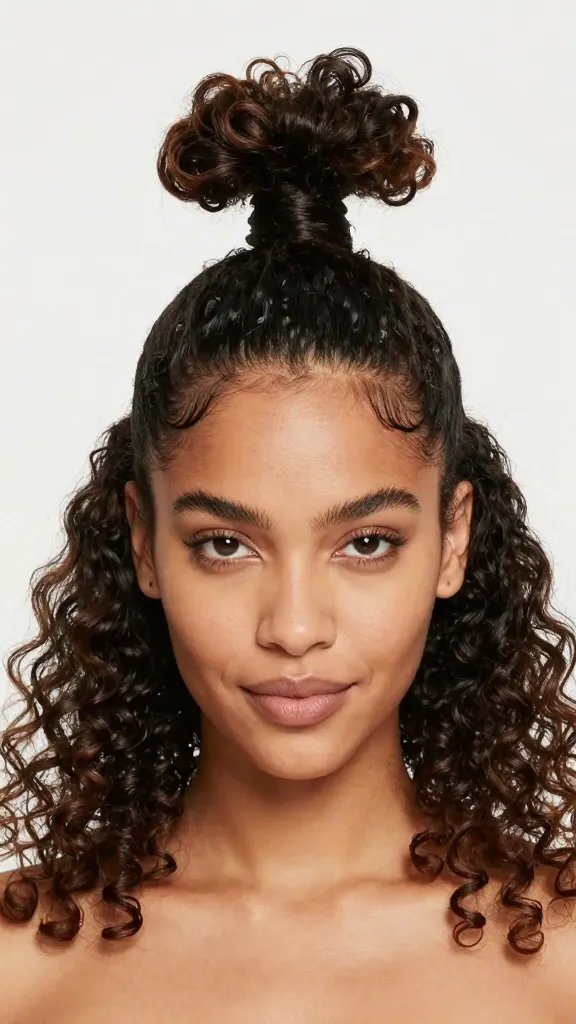 Create a high-resolution, realistic portrait of a stylish, confident woman with naturally curly hair styled in a Curl-Safe Faux Hawk Twist. The subject should have a flattering, round face with warm undertones and subtle, natural makeup. The hairstyle features a half-up mini ponytail on the crown, with the top twisted and pinned into a sleek faux hawk, while the crown is gently finger-combed for volume and minimal frizz. Leave soft, loose curls framing the sides for balance. The overall look is bold, modern, and date-night/concert-ready, exuding effortless chic. The lighting is bright and flattering, emphasizing the defined curls and the delicate texture of mousse-determined hold. No text in the image.