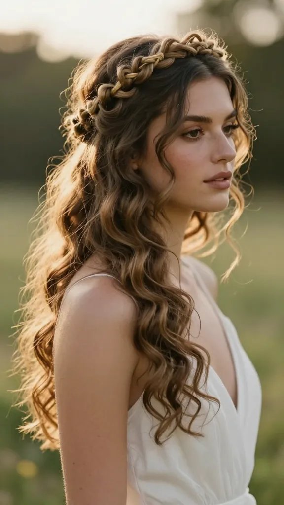 A high-resolution, ultra-realistic portrait of a woman with a romantic, bohemian half-up hairstyle: a delicate woven ringlet crown of curling strands circling her head, with a cascade of loose curls falling freely down one side. The crown sits softly and loosely to avoid dent marks, secured with invisible elastics, and the rest of the hairstyle flows naturally with gentle waves. She stands outdoors in soft, golden-hour light, in a relaxed, elegant pose that conveys a wedding-ready yet casual vibe. The look is ethereal and romantic, suitable for an outdoor wedding or a chic brunch, with a subtle, natural makeup palette and a light, dewy finish. The background is outdoor greenery with a shallow depth of field to emphasize the hairstyle and the subject&rsquo;s serene expression. No text or logos in the frame.