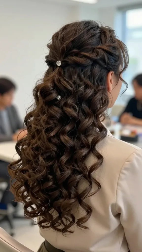 A realistic, high-quality photograph of a stylish woman with defined, bouncy curls in a classic half-up, half-down hairstyle. The top portion is neatly pulled up and secured with two small, clear buttons at the crown, creating a polished, structured look while the rest of the curls cascade softly. The curls should be clearly defined with a slight diffuser texture, giving a natural shine and bounce, on medium heat styling. The setting is a bright, modern indoor space suitable for a work meeting or family gathering, with soft natural lighting that highlights the definition of the curls and the clean buttoned detail. The subject exudes confidence and approachability, wearing a business-casual outfit and light holding spray visible as a subtle, translucent mist in the air. No text present in the image.