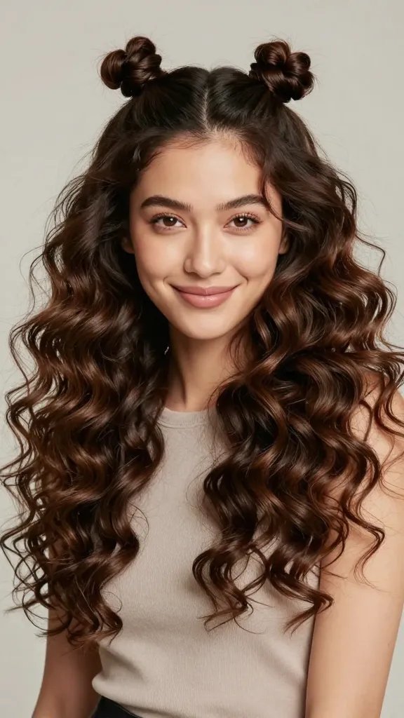 A high-resolution, studio-lit portrait of a stylized, confident woman with glossy, medium-length curly hair featuring two neat mini twists on each side that converge and secure the lower curls in a playful, symmetrical half-up style. The top twists are tightly wound, creating a defined, sculpted look while the bottom curls are loose, bouncy, and voluminous, giving a whimsical, dramatic vibe. The backdrop is soft and neutral to emphasize the hairstyle, with natural makeup accents, a light, carefree smile, and a fashionable brunch-ready outfit in muted tones. The overall mood is vibrant yet polished, suitable for a photoshoot setting, with the hair reflecting crisp texture, shine, and movement as if caught in a gentle breeze; no visible text or branding in the frame.