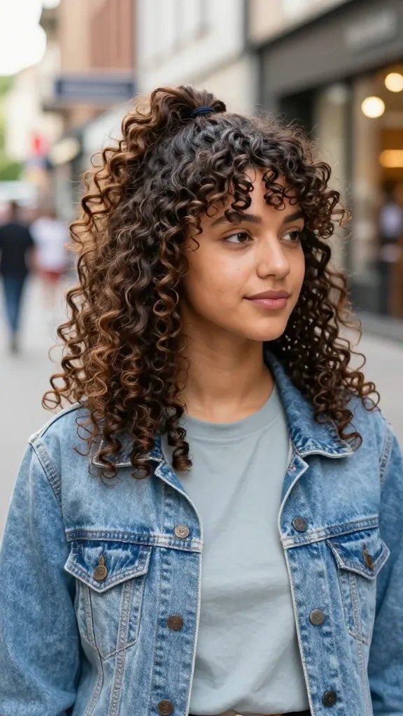 A realistic, high-quality photograph of a young woman with medium-length curly hair styled in a mini-pony tail half-up with loose spiral locks, standing in a sunlit urban street during daytime. The top pony is small, lifted to add slight height, while soft, bouncy spiral curls cascade around the face and shoulders. The hair has a glossy, healthy shine with minimal frizz, showing subtle detangling and a wrapped strand around the base to conceal the elastic. The subject wears casual chic attire&mdash;a light denim jacket over a simple tee&mdash;composed and effortlessly stylish, exuding festival energy in an everyday package. Background features a gentle blur of storefronts and warm bokeh lights, capturing a spontaneous, approachable vibe. No text on the image.