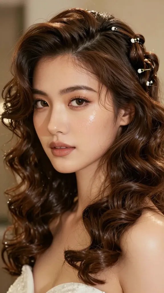 A high-resolution, editorial-style close-up portrait of a glamorous woman with a side-swept halo of hair resting near her temple, paired with opulent cluster curls on the opposite side. The halo should sit softly like a radiant crown, pinned securely close to the temple, while the cluster curls add drama with small pin curls for texture. The look should appear humid-proof and glossy, with a light mist of setting spray barely visible to tame any flyaways. Lighting should be warm and flattering, highlighting the shine and definition of each curl, with a shallow depth of field that softly blurs the background. The subject is dressed for a formal occasion (wedding, prom, or elegant dinner) and gazes slightly off-camera with a poised, confident expression. No text on the image.