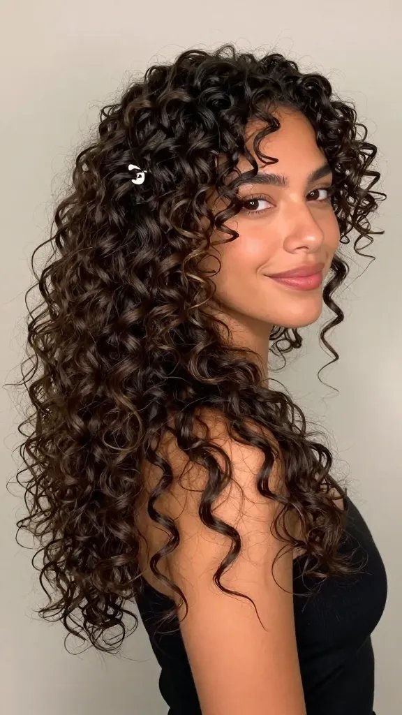 Create a photorealistic, high-resolution portrait of a stylish, modern woman with medium-length curly hair styled in a half-up half-down pony. The front curls should frame her face with soft, defined spirals, while the back is bouncy and loose for a natural movement. The ponytail should sit slightly to one side for a subtle asymmetrical look, with a small decorative charm clip adding a playful touch. The styling appears polished yet easygoing, suitable for both office wear and a night out. Use a diffuser-dried finish to add voluminous curls and minimize frizz, giving her hair a healthy, glossy sheen. The backdrop should be neutral and softly lit to emphasize the hair and face, and the subject should be smiling subtly to reflect the bonus point about how her hair makes her smile look brighter. No text on the image.