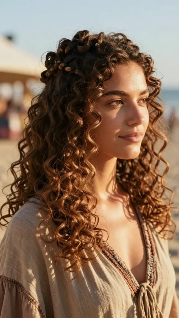 A high-resolution, realistic photo of a young woman with shoulder-length curly hair styled in a boho braided half-up look. The top half is swept back into a loose, semi-updo with small, loose braids woven on either side, blending into the cascading curls that fall in natural, soft waves down to her shoulders. The lighting is warm and sun-drenched, highlighting the shine from a light application of argan oil to give a healthy, glossy finish. The setting is a relaxed outdoor scene&mdash;perhaps a sunlit beach or a festival grounds with gentle bokeh in the background&mdash;evoking a laid-back yet deliberate vibe. The subject has a calm, content expression, wearing bohemian-inspired attire (think flowy, textured fabric, earthy tones). The image should emphasize textured curls, the integrated braids, and the overall effortless, boho aesthetic without any text overlays.