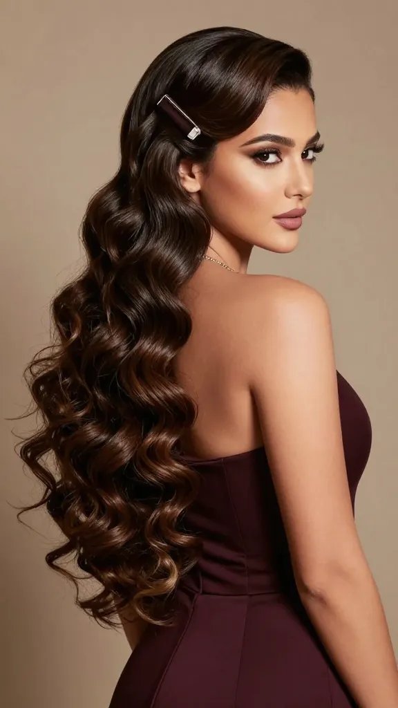 A high-resolution, editorial-style portrait of a glamorous woman with a dramatic half-up, half-down hairstyle: the top half sleek and tightly secured with a glossy, bold barrette, while the bottom half features large, voluminous curls cascading freely to frame her face and shoulders. The subject stands against a soft, neutral backdrop with warm lighting that highlights the contrast between the smooth upper section and the lush, curly lower section. She wears a sophisticated, elegant evening dress in a solid, rich color, subtle jewelry, and a confident, poised expression. The image should capture the glossy texture of the hair, the precision of the pinned top, and the dramatic fullness of the curls, without any text or logos in the frame.