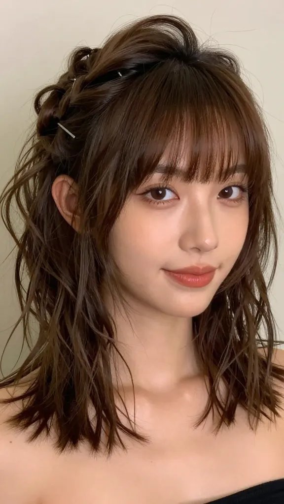 Create a hyper-realistic, high-resolution portrait of a stylish woman with medium-length to short hair featuring a textured half-up style. The top section is pinned back with subtle pins, leaving a few soft fringe strands to frame the face. The remaining front pieces are styled into loose, defined ringlets with natural shine. Use a curling iron to create the ringlets and a light-hold spray for a polished, long-lasting finish. Add a touch of mousse to enhance texture and volume without stiffness. The overall look is chic and versatile, suitable for a date night or a professional meeting, conveying a playful yet sophisticated vibe. The subject should have a warm, approachable expression and be captured in natural, soft lighting against a neutral backdrop to emphasize the hairstyle details. No text or logos in the image.