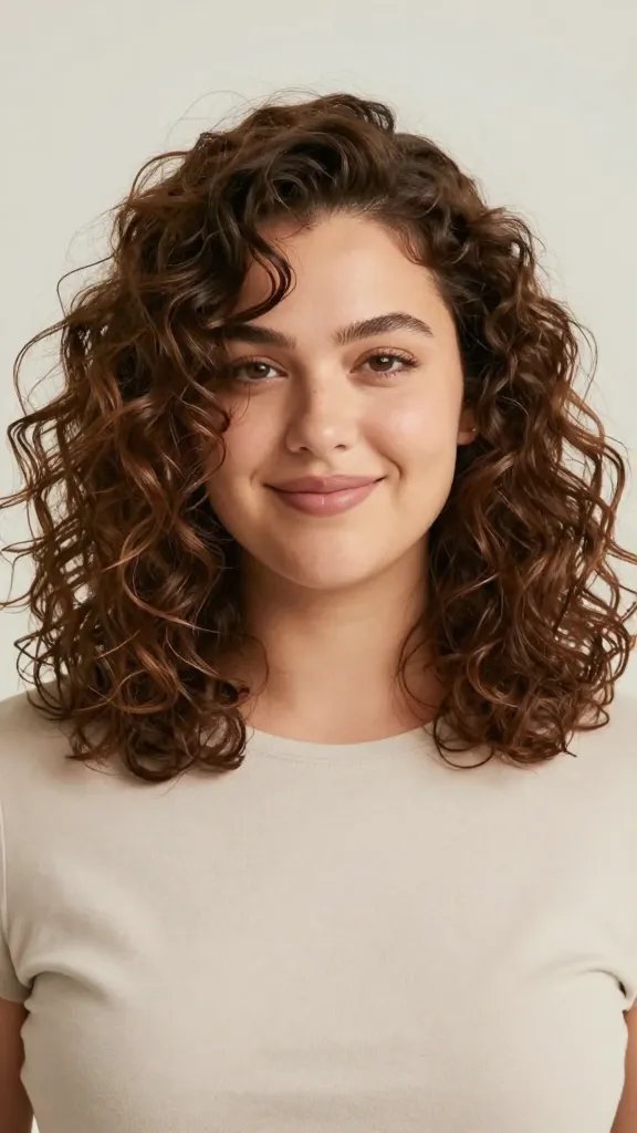 Create a realistic, high-resolution portrait of a stylish woman with a chubby face and shoulder-length curly hair styled in a Bouncy Shoulder-Length Curl Cut. The hair should be medium layers starting around the jaw, with face-framing curls that skim the shoulders and light layering to avoid poofiness, giving soft volume at the sides for balanced, airy look. The subject should have natural, healthy skin, subtle makeup, and a confident, cheerful expression. Lighting: bright, natural diffused light to emphasize smooth curls and bounce, with a slight softness to minimize shadows. Hair styling details: defined curls with gentle wave, slight diffuser-enhanced texture, no frizz, hair parted softly to one side. Wardrobe: simple, chic top in a neutral color that complements the hair and face shape, without distracting from the hairstyle. Background: clean, soft, neutral studio backdrop to keep focus on the hairstyle and face. The overall mood is fresh, modern, and flattering, showcasing the versatility of a shoulder-length curl cut for fuller faces. No text on the image.