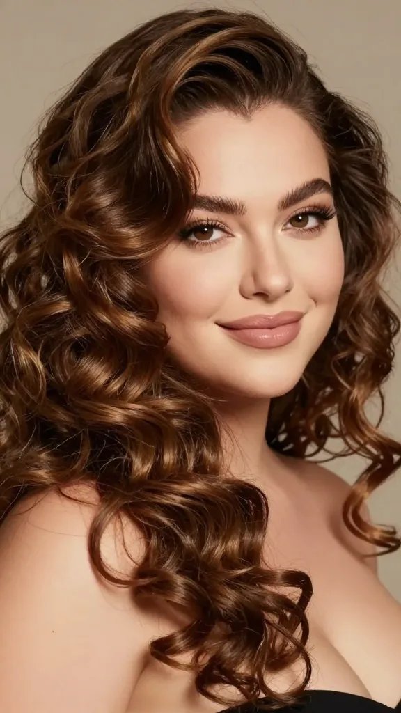 Create a high-resolution, 35mm-style portrait of a glamorous woman with a chubby face featuring a dramatic deep side part. Her curls are defined as ringlets with pronounced volume that appear light and bouncy, cascading gracefully over one shoulder. The side part should reveal a bit more volume at the crown, giving a flattering, framing effect around the face. The woman should have clear, radiant skin and subtle makeup that accentuates her eyes and smile, conveying confidence and warmth. Use natural, soft studio lighting to enhance texture and shine on the curls, with a shallow depth of field that keeps the focus on her face and ringlets while blurring a neutral, elegant background. The overall mood is glamorous yet approachable, suitable for selfies or a night out, with no text or watermarks on the image.