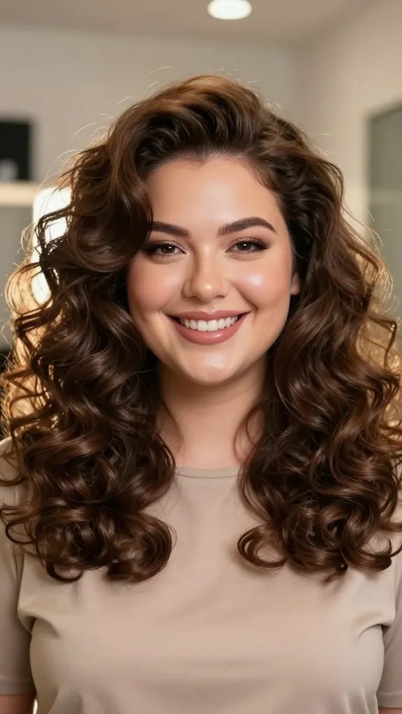 Create a hyper-realistic, high-resolution portrait of a smiling, confident woman with a chubby/fround face, centered in a softly lit bathroom or salon setting. The focus is on large, halo-like curls that form a blooming circle around her head, with big, airy ringlets that frame her face and visually elongate it. The hair should look voluminous from a lightweight mousse lift at the roots, then diffused to create a gentle, halo effect. The curls should appear glossy and well-defined but soft, with a natural shine from a light serum. Her makeup is fresh and radiant, emphasizing a dewy complexion, with subtle contour to enhance cheekbones and a soft glow. She wears a simple, elegant, solid-colored top that contrasts with her hair color, allowing the halo curls to be the focal point. The lighting is warm and flattering, casting a halo-like glow around her head, with the background slightly blurred to keep attention on the subject. No text on image.