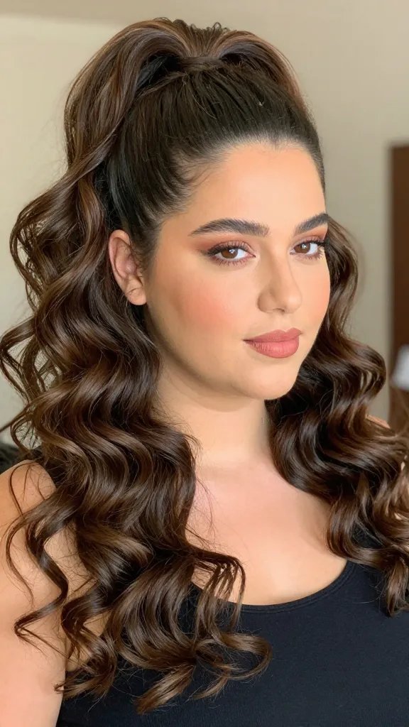 A high-resolution, realistic portrait of a stylish, confident woman with a chubby face wearing a voluminous high ponytail. The top of the hair is teased for lift at the crown, with the ponytail cascading in loose, defined curls that frame the sides of her face. A few curls are wrapped around the base to conceal the elastic, and the ends remain loose for a natural, effortless vibe. The hairstyle blends height at the crown with cascading waves, exuding a polished yet casual look suitable for everyday wear or a casual date night. The subject has natural makeup with soft pink lips and warm-toned eyeshadow, subtle contour, and a relaxed, confident expression. The background is softly blurred to emphasize the subject, with warm, flattering lighting that highlights the volume and texture of the curls. No text on the image.