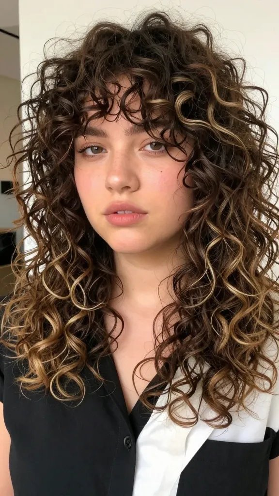 A high-resolution, realistic photo of a fashion-forward woman with a chubby face and curly hair styled in a layered shag. The hairstyle features mid-face choppy layers that puff the curls with volume and separation, avoiding clumping around the cheeks. The curls are defined and bouncy, with lighter product on the ends to maintain bounce, and a touch of texture spray giving a subtle, effortless texture. The subject is photographed indoors in soft, natural light, wearing a chic, contemporary outfit that complements the edgy yet polished hairstyle. The overall mood is energetic and modern, capturing a dynamic, rockstar-inspired vibe without any visible text on the image.